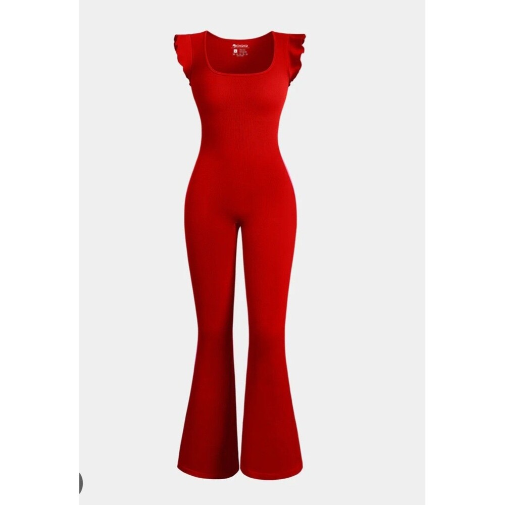 SEXY RED SQUARE NECK SOFT SEAMLESS CATSUIT FLARE LEGS JUMPER ROMPER XL FLUTTER